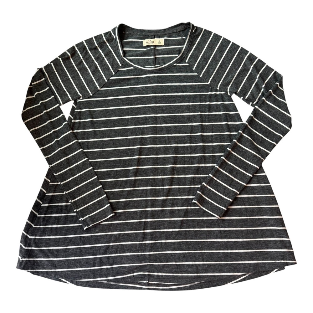 Hollister Y2K Oversized Striped Long Sleeve Tunic Tee Black Gray White S Preppy‎